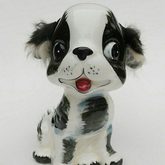 Vintage Ries Ceramic Puppy Dog Figurine w/ Applied Fur Made in Japan - Picture 1 of 6